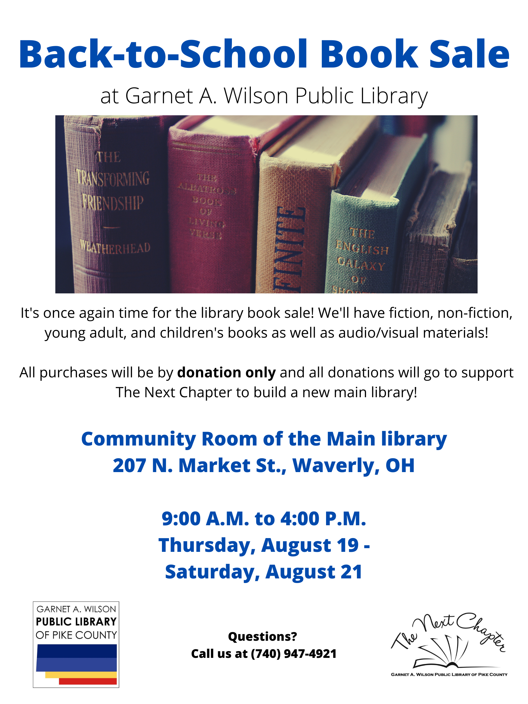 Flyer for book sale taking place Thursday-Saturday. August 19, 2021- August 21, 2021.