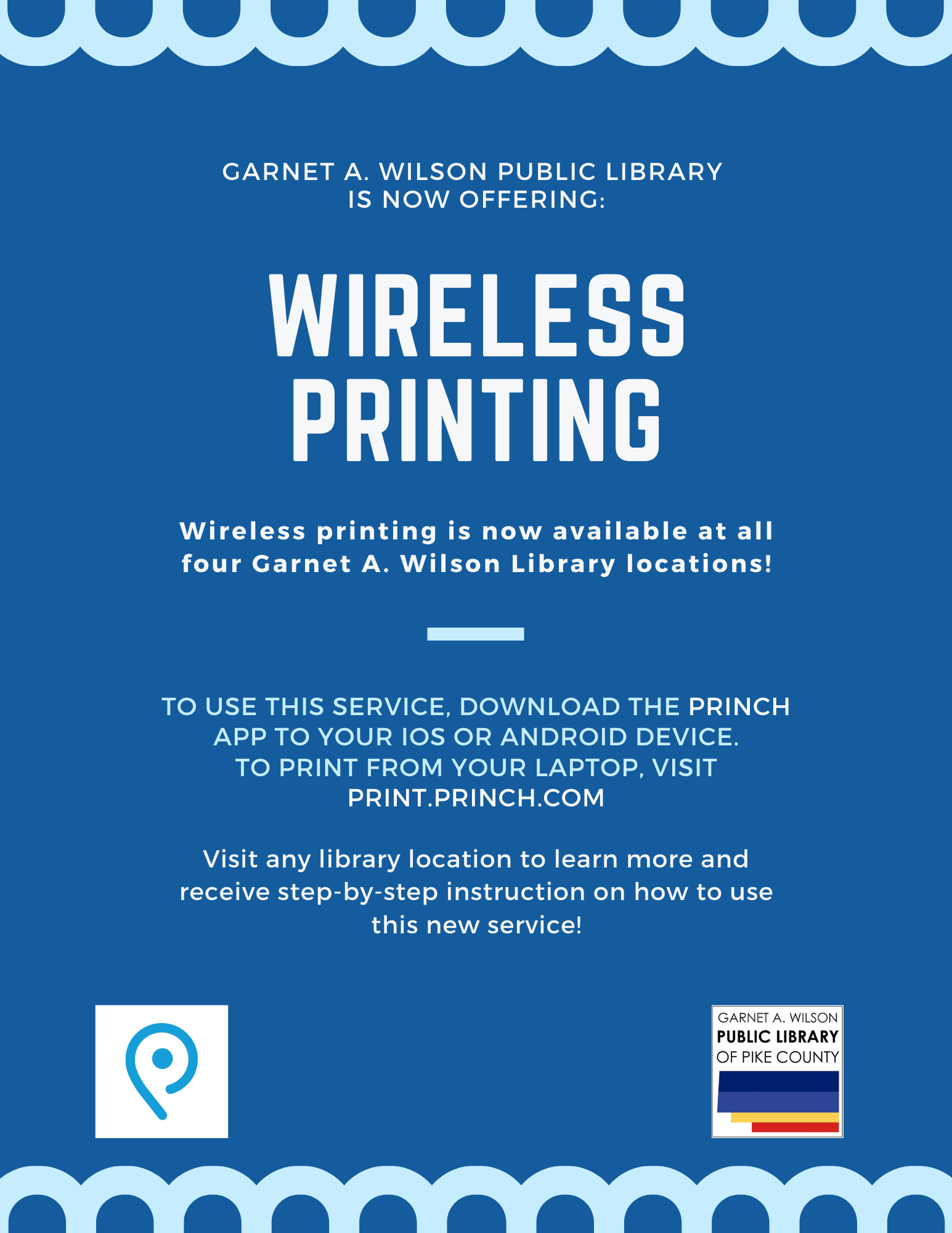 A flyer listing the information for the new wireless printing service at the library. 