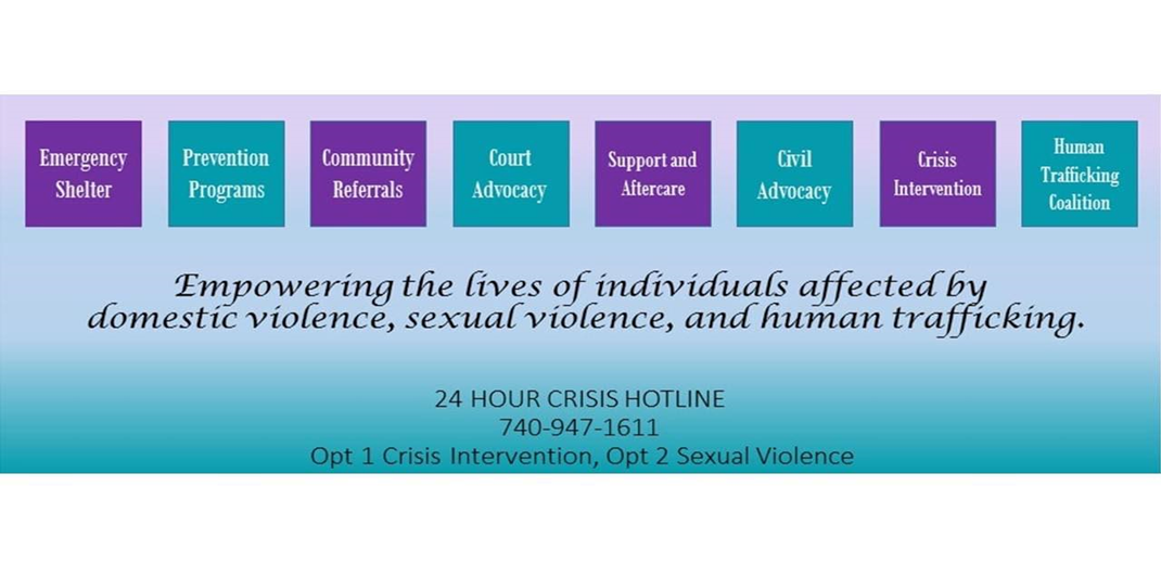 Information bar listing services as Emergency Shelter, Prevention Programs, Community Referrals, Court Advocacy, Support and Aftercare, Civil Advocacy, Crisis Intervention, and Human Trafficking Coalition. The image also states they are empowering the lives of individuals affected by domestic violence, sexual violence, and human trafficking..